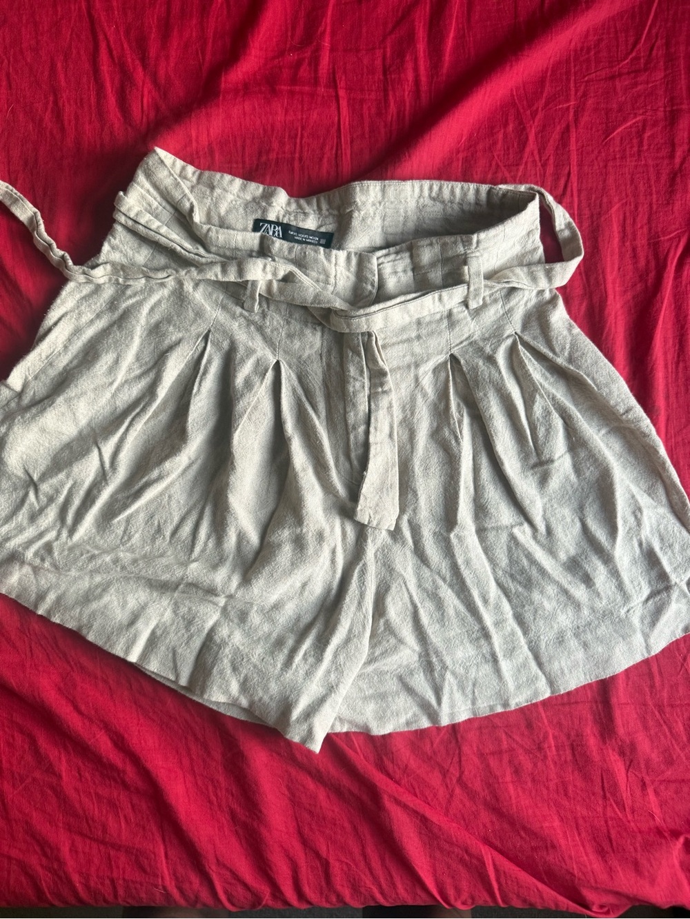 Zara Cream High-Waist Paperbag Tie Shorts